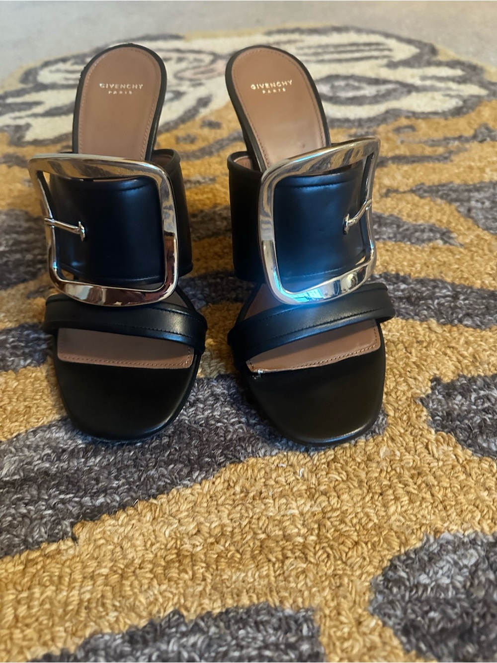 Givenchy Odia Black Leather Buckle Mules with silver Accent